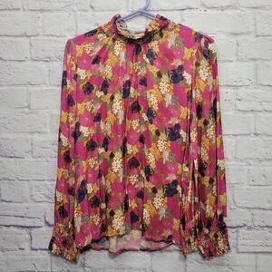 FRNCH Paris Colorful Floral Satin Blouse Size M Stretchy Artsy Retro Mature
